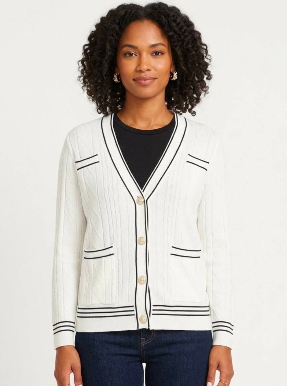 🔸️NWT Nanette Lepore White & Blue Cable Knit Pearl Button Cardigan Sweater Smal